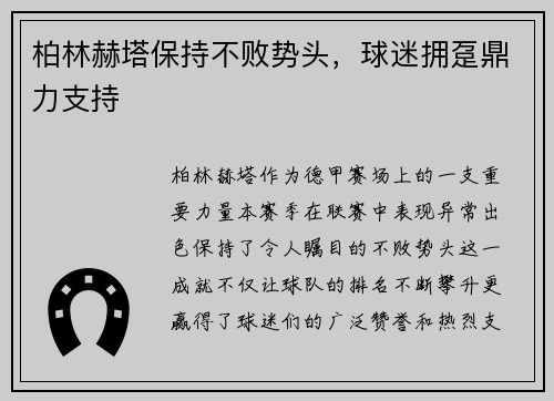 柏林赫塔保持不败势头，球迷拥趸鼎力支持