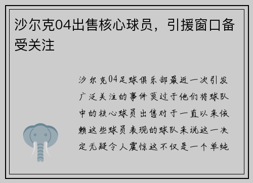 沙尔克04出售核心球员，引援窗口备受关注