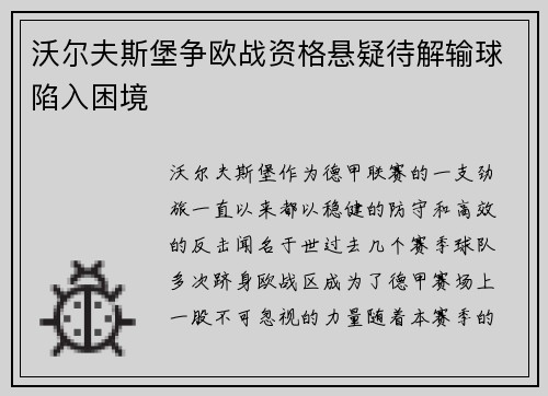 沃尔夫斯堡争欧战资格悬疑待解输球陷入困境