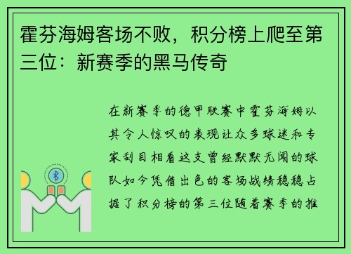 霍芬海姆客场不败，积分榜上爬至第三位：新赛季的黑马传奇