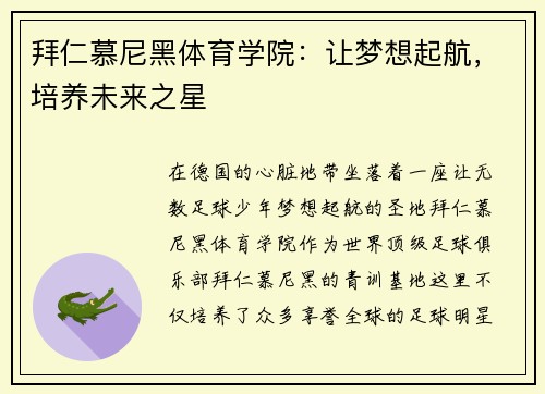拜仁慕尼黑体育学院：让梦想起航，培养未来之星