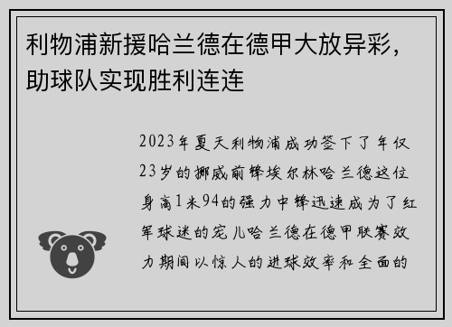 利物浦新援哈兰德在德甲大放异彩，助球队实现胜利连连