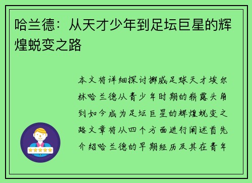 哈兰德：从天才少年到足坛巨星的辉煌蜕变之路
