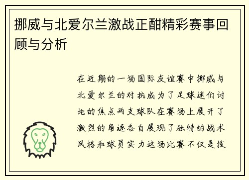 挪威与北爱尔兰激战正酣精彩赛事回顾与分析