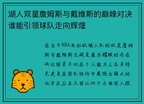 湖人双星詹姆斯与戴维斯的巅峰对决谁能引领球队走向辉煌