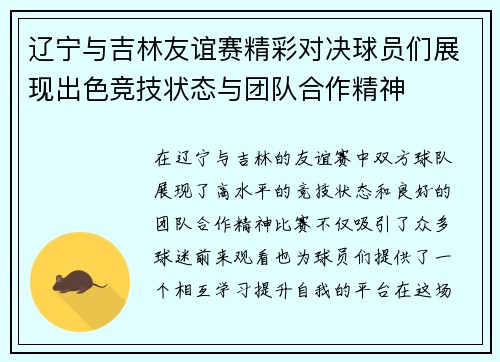 辽宁与吉林友谊赛精彩对决球员们展现出色竞技状态与团队合作精神