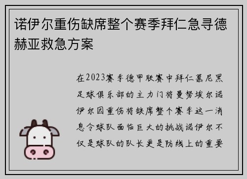 诺伊尔重伤缺席整个赛季拜仁急寻德赫亚救急方案