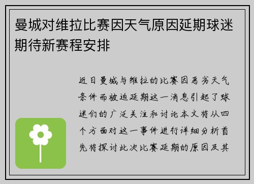 曼城对维拉比赛因天气原因延期球迷期待新赛程安排
