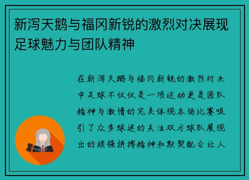 新泻天鹅与福冈新锐的激烈对决展现足球魅力与团队精神