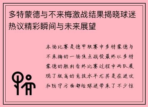 多特蒙德与不来梅激战结果揭晓球迷热议精彩瞬间与未来展望