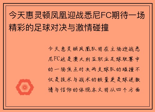 今天惠灵顿凤凰迎战悉尼FC期待一场精彩的足球对决与激情碰撞