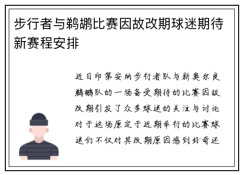 步行者与鹈鹕比赛因故改期球迷期待新赛程安排
