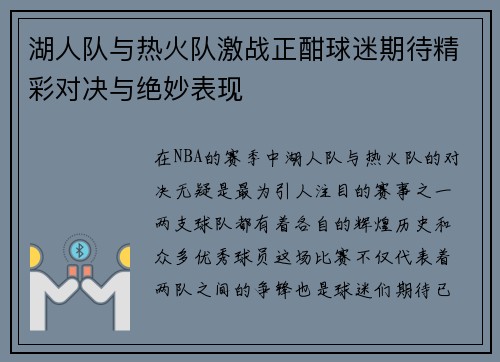 湖人队与热火队激战正酣球迷期待精彩对决与绝妙表现