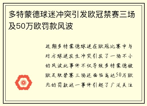 多特蒙德球迷冲突引发欧冠禁赛三场及50万欧罚款风波