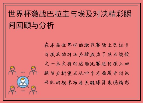 世界杯激战巴拉圭与埃及对决精彩瞬间回顾与分析