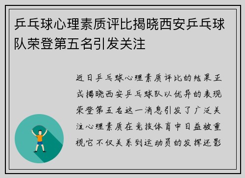 乒乓球心理素质评比揭晓西安乒乓球队荣登第五名引发关注