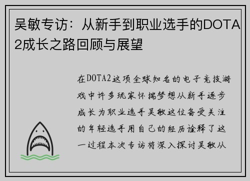 吴敏专访：从新手到职业选手的DOTA2成长之路回顾与展望